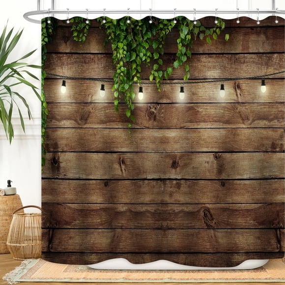Rideau de Douche en Planches de Bois Rustique - Feuilles Vertes sur Bois Vintage Thème Vie Campagnarde Planches Grunge Porte de Grange Maison Tissu Imperméable 72x72 Pouces avec 12 Crochets en Plastique