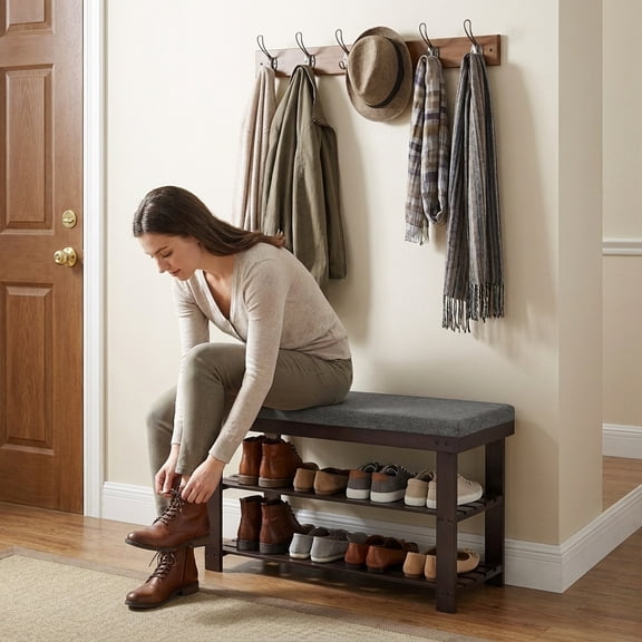 LEDREM Shoe Bench with Cushion, 3-Tier Sturdy Entryway Shoe Rack Organizer, Brown and Grey