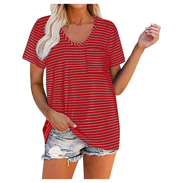 Pompotops Womens Summer Fasion Short Sleeve V Neck Solid Color Casual T Shirt Tops