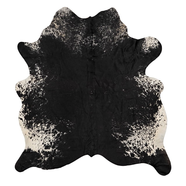 Cowhide rug, medium brindle full skin oversized Brazilian hide with a natural irregular shape, black center blending into speckled beige and brown edges, featuring authentic texture and natural markings, ideal for layering in rustic or modern home decor.