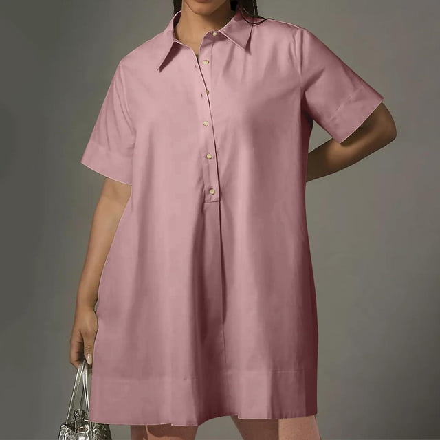Jusqu'à 65 % de Rabais! Robes d'Été Mode pour Femmes 2024 Grande Taille Printemps/ Décontracté Ample à Manches Courtes Bouton Poche Robe-Chemise