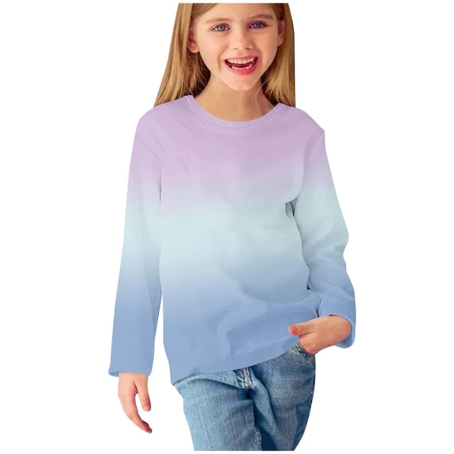 cfhntfmh Longues Hauts à Manches pour la Mode des Enfants avec un Col Ras du Cou Imprimé. le t-shirt Style Tunique Présente un Motif de Couleur Dégradée Transition du Violet Pâle au Bleu, Assorti à des jeans Décontractés. Idéal pour les Hauts pour Bébé Garçon, les Chandails à Enfiler pour Enfants et la Détente d'Automne Ou les Activités de Plein Air.