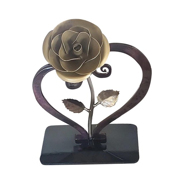 Valentine's Day Rose Iron Sculpture with Heart-Shaped Bracket 8.5 in Tall Powder-Coated Red Metal Rose Gift