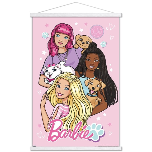 Mattel Barbie - Cute Wall Poster, 22.375" x 34" featuring three illustrated girls with varied hairstyles holding two puppies and a white cat on a pink background with stars, hearts, paw prints, and the Barbie logo, suitable for bedroom or dorm wall art.