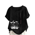 thumbnail image 3 of QATAINLAV Hauts en Coton et Lin pour Femmes 2025 Col Rond Manches Courtes Retroussées T-Shirt Tendance à Imprimé Floral Blouse Décontractée Coupe Ample Tenues de Vacances Alléger Ventes du Jour Noir TTTTG, 3 of 5