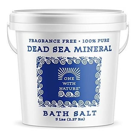 100% Pure Dead Sea Mineral Bath Salt 5Lb Frag Free by One With Nature. A white plastic tub with blue branding and decorative swirls, containing fragrance-free Dead Sea salts designed to cleanse, heal, and tone skin. Suitable for relieving psoriasis, eczema, and acne.