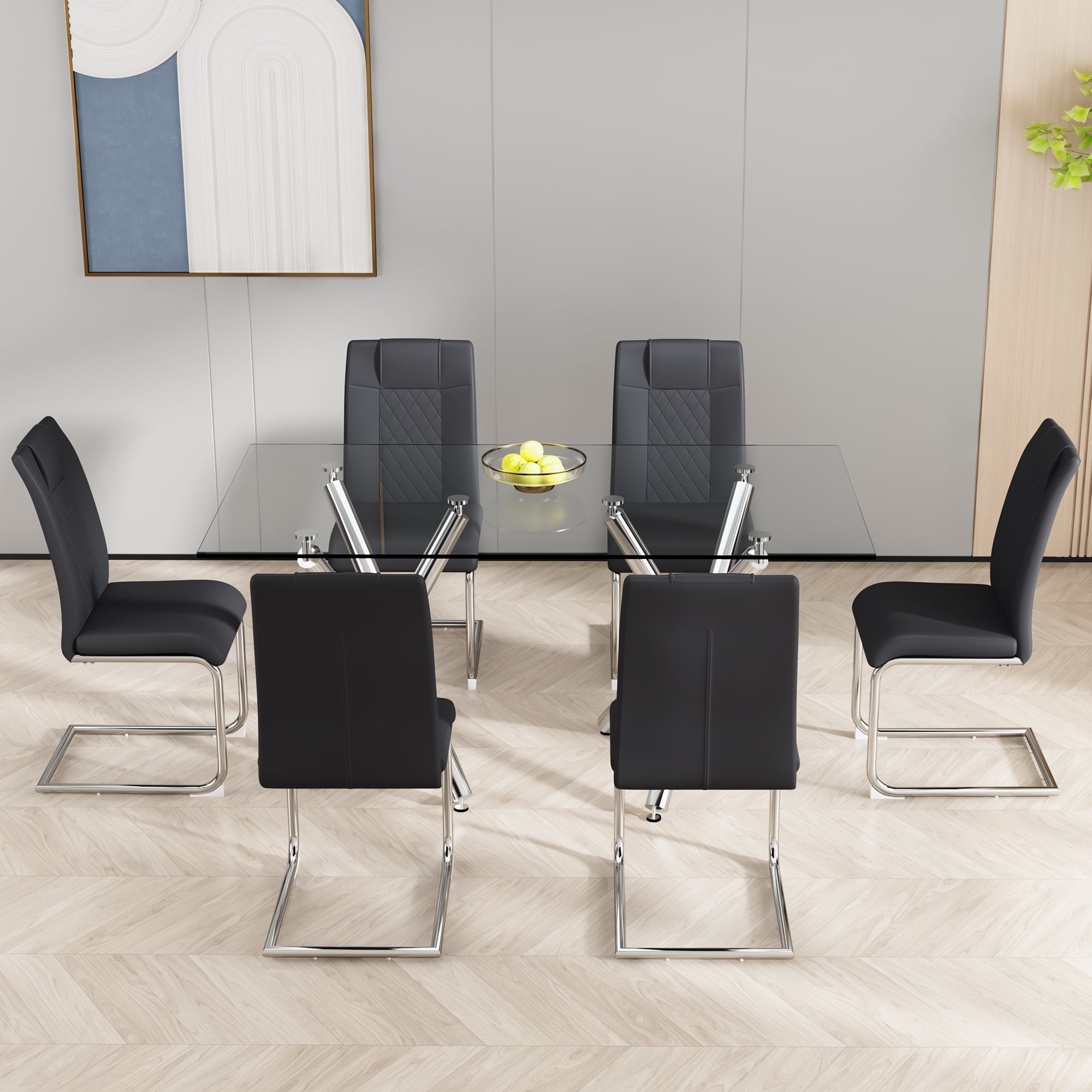 Noble House Set of 6 Modern Dining Chairs,Faux Leather Padded Seat with Metal Legs,for Kitchen Living Bedroom,Black