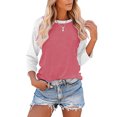thumbnail image 2 of CEHVOM Ladies' O-Neck Casual Printed Color-Blocking Three-Quarter Sleeve Blouse, 2 of 4