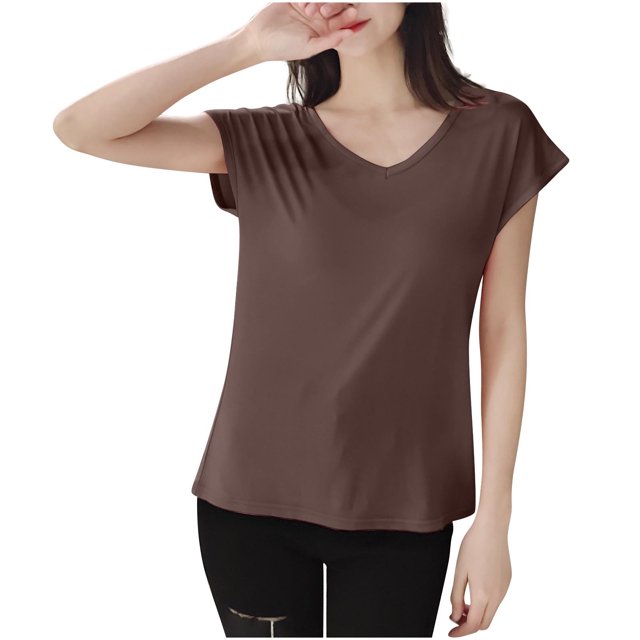 FRSASU T-Shirt de Sommeil Uni pour Femme Haut de Pyjama à Col en V Café