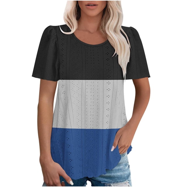 Plebaso Hauts pour Femmes Chemises à Oeillets à Blocs de Couleur Manches Courtes T-Shirts Amples Décontractés Col Rond Blouses Tendance