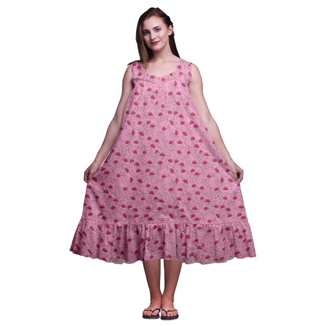 Bimba Rose Pâle3 Chemises de Nuit en Coton à Imprimé Artistique de Fleurs pour Femmes Robe Sans Manches Tenue de Nuit Robe Maxi X-Small