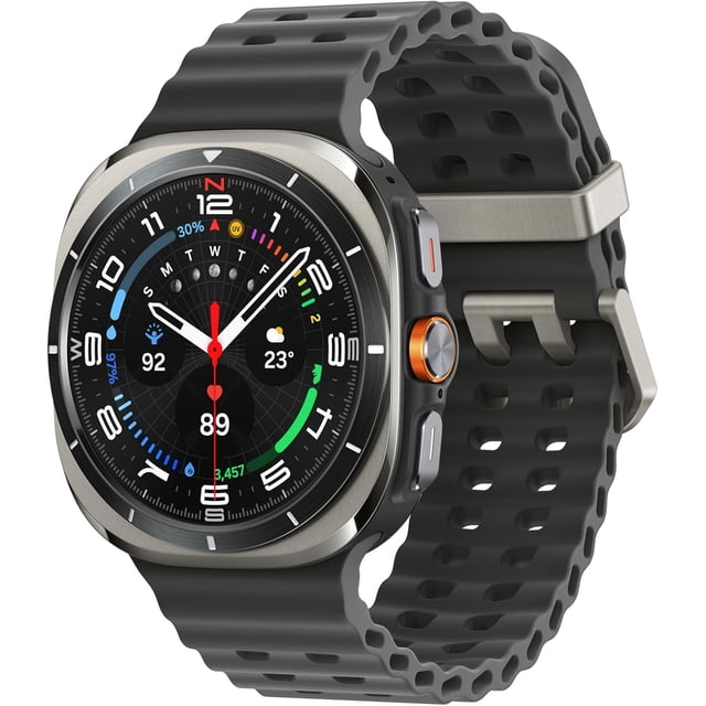 Samsung Galaxy Watch Ultra 2025, 47mm GPS + LTE AI Smartwatch with durable titanium casing and cushion design. Features include advanced health monitoring, running coach, vascular load tracking, and turn-by-turn GPS navigation. Ideal for wearable technology enthusiasts and fitness tracking. Shown with a black perforated strap and vibrant circular display showcasing health metrics and weather updates.