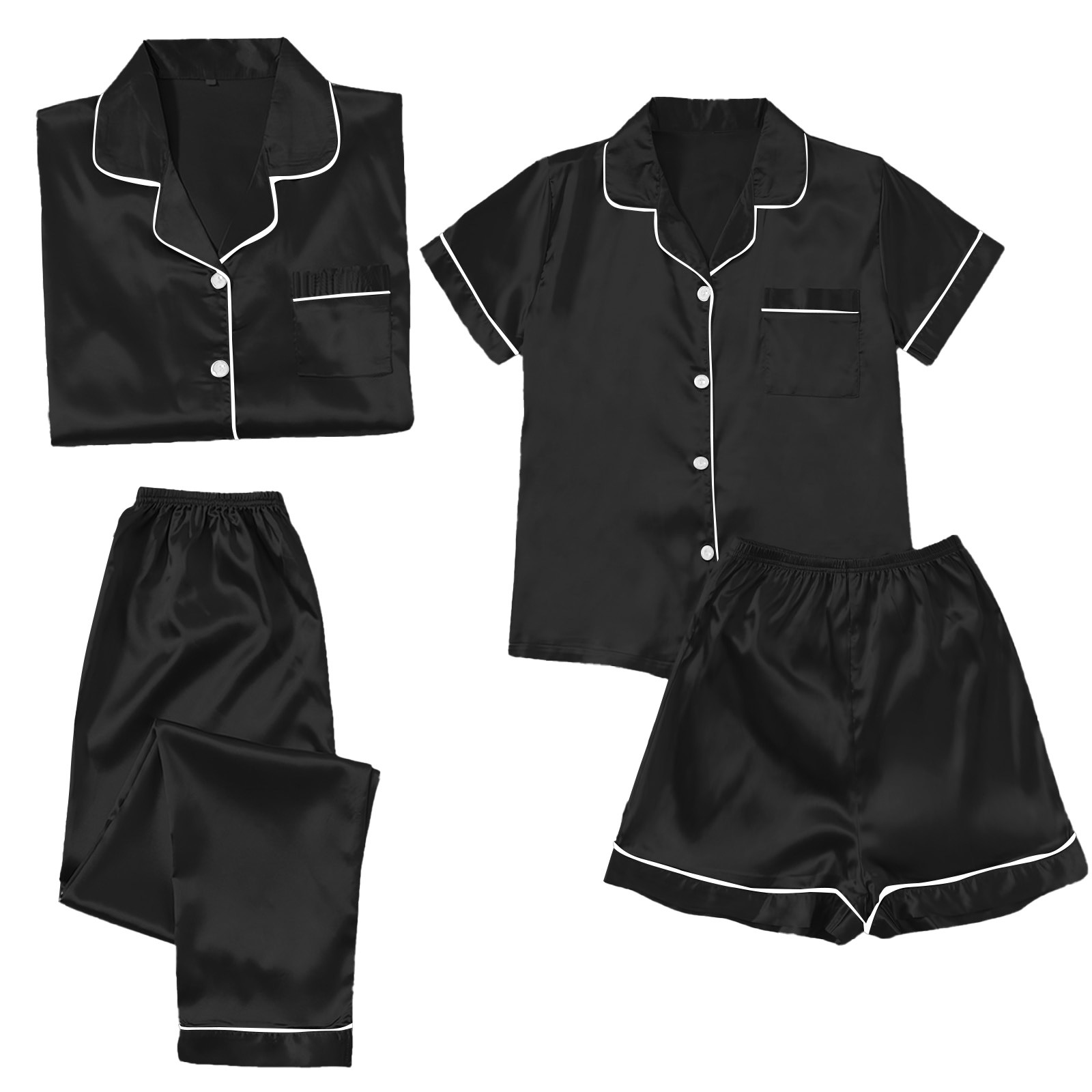ZJXFGS Womens Summer Pajamas Sets, Silk Pajamas, Satin Pyjamas Women's Short 4 Piece Pyjamas Short Sleeve Sleepwear and Shorts Set Women Loungewear, Womens Pajama Set Black 3XL