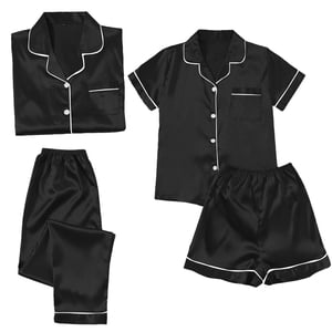 ZJXFGS Ensembles de pyjamas d'été pour femmes, Pyjama en soie, Pysama satiné pour femmes 4 Pièce Pyjamas manches courtes Vêtements de nuit et shorts ensemble Femmes Vêtements de salon, femmes Set pyjama noir 3XL