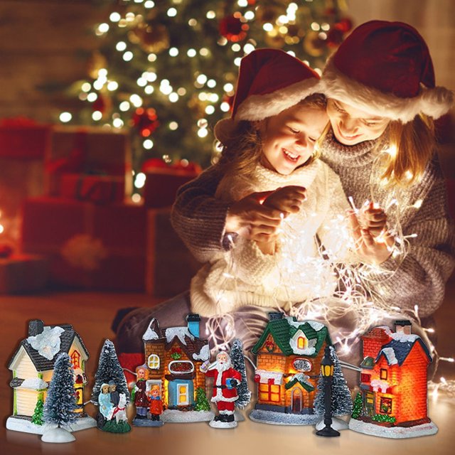 13 Pieces Christmas Luminous House Set Collection Indoor Decoration DIY LED 5 4 2 Light Snow Village Home Decor Xmas Tree Window Ornament Gift