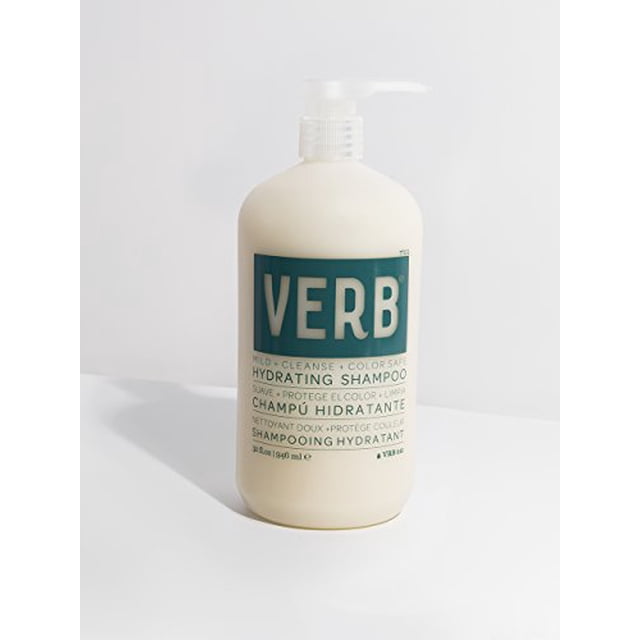 Verb Hydrating Shampoo 32 oz bottle with a pump dispenser, featuring a teal label with white text. This lightweight, nourishing shampoo is suitable for all hair types, including color-treated hair. It contains pro-vitamin B5 for thicker hair, argan oil to enhance elasticity and prevent breakage, and sunflower seed extract to protect against UV damage and reduce color fading.