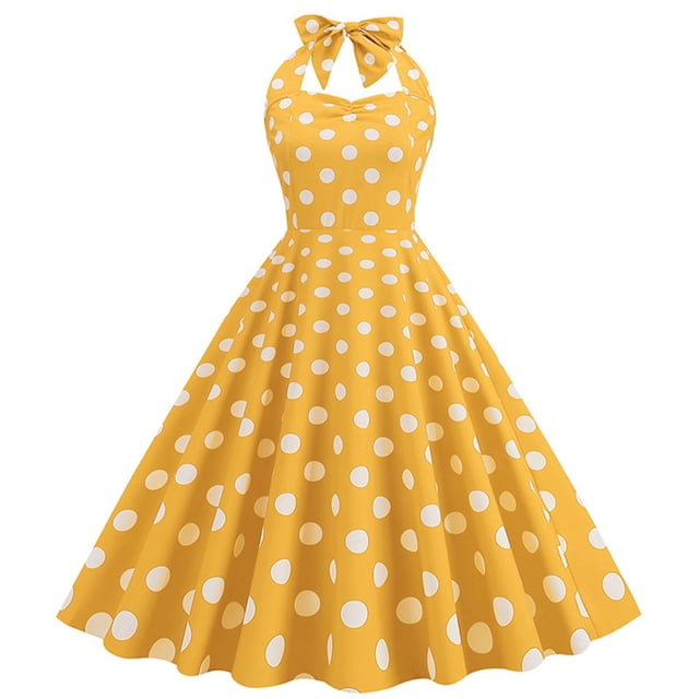 Pompotops Mode Été Femmes Rétro Vague Dos Nu Sans Manches Ceinture Rosée Robe Mini Aguichant de Couleur Jaune Vif avec Imprimé à Pois Blancs. la Robe Présente un Encolure Dos Nu avec un Détail Nœud Papillon, design Sans Manches et une silhouette Mini Évasée. Fabriquée en polyester et spandex Léger, Elle Convient aux occasions Décontractées, Fêtes Ou Sorties d'Été.