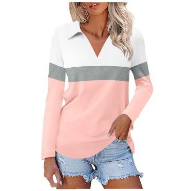 Huaizzzy T-Shirt à Col à Revers en V à Manches Longues Uni pour Femme Haut Uni T-Shirt 1 Mode T-Shirt pour Femmes Hauts d'Été pour Femmes Manches Courtes Chemises d'Été pour Femmes T-Shirt de Course pour Femmes Manches Longues Femmes