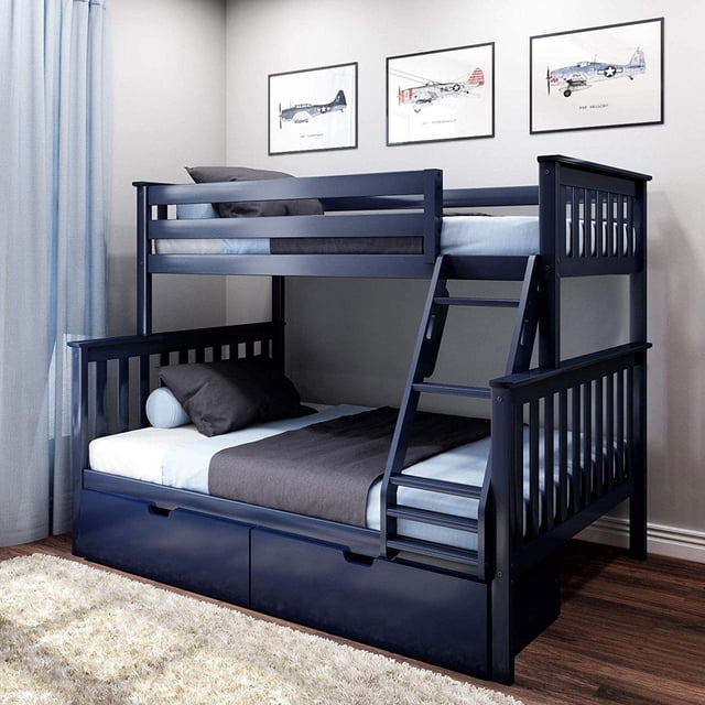 BEDSMART Lits Superposés Simple sur Double en Bois Massif avec Rangement / Bleu