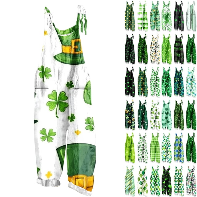 QATAINLAV Wide Leg Linen Jumpsuits for Women St Patricks Day Outfits Funny Graphic Spaghetti Strap Rompers One Piece Pants with Pockets Green XXXL Spring Savings