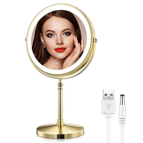 AMZTOLIFE Gold Makup Mirror with Lights, 10X Magnifying Lighted Vanity Mirror, 8 Inches 360 Swivel Two-Sided Tabletop Mirror Go