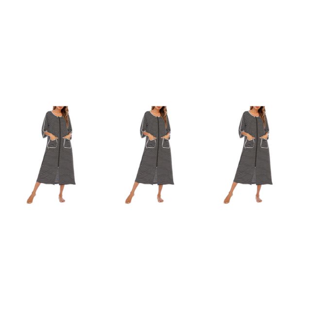 yingyy 1/2/3 Polyester Robe de Nuit pour Femmes Décontractée de Remplacement Col Rond Manches Longues Double Poche Respirante Peignoir de Maison Vêtement de Nuit Noir P 3 Pcs