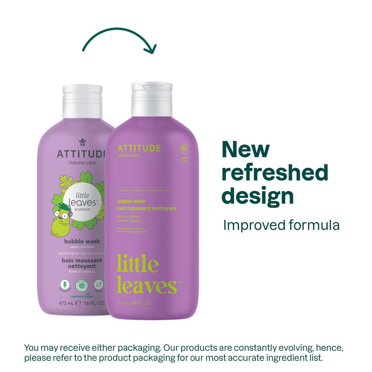 ATTITUDE little leaves, Bain Moussant Nettoyant, Poire et Vanille, 473 mL