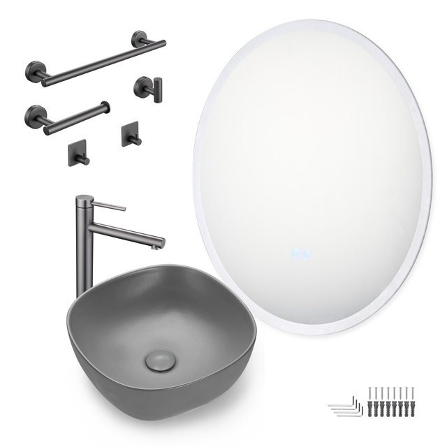 Aquaterior Bathroom Ceramic Sink Faucet Kit w/ LED Lighted Mirror Towel Rack