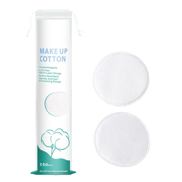 Riforla 100pcs or 150pcs Pads for Face Makeup Removal, featuring soft, disposable white round pads with a multilayer design for extra plushness and fast absorbency. Ideal for removing makeup, nail polish, and cleansing the face. The package includes a cylindrical container with clear labeling and two close-up views of the textured pads, showcasing their fine quilting and finished edges for durability. Suitable for use with toners, cleansers, or creams, and perfect for daily beauty care or salon-quality experiences.