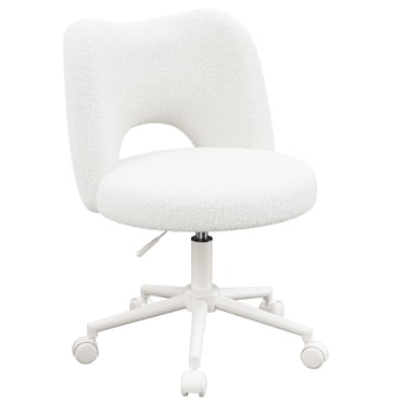 Exenoray Teddy Fleece Armless Office Chair for Dorm Room, Adjustable Swivel Desk Chair with PU Wheels, Wide Upholstered Seat, White