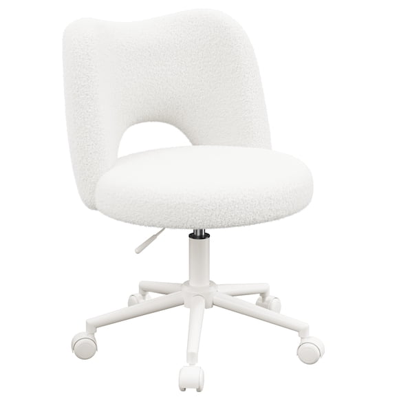 Exenoray Teddy Fleece Armless Office Chair, Wide Seat Adjustable Swivel Desk Chair with PU Wheels, Upholstered Vanity Task Chair for Bedroom, Study or Home Office ,White