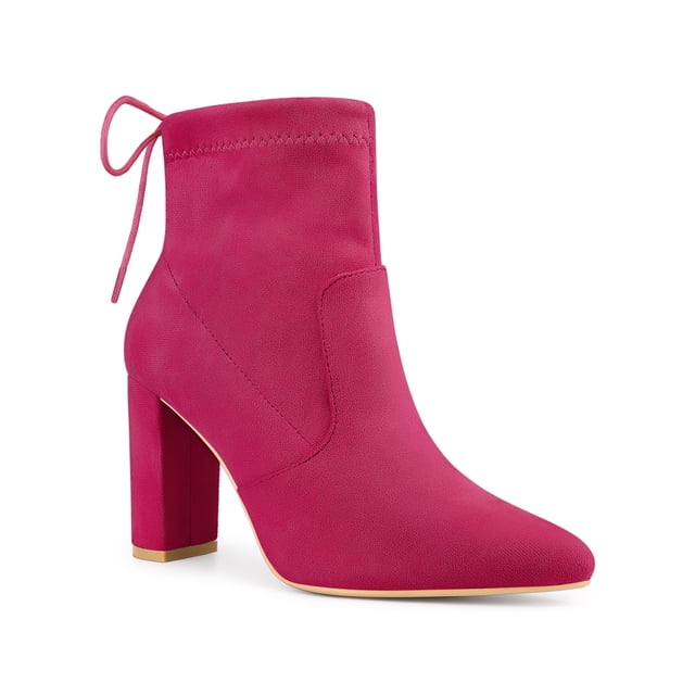 Unique Bargains Women's Pull on Drawstring Block Heel Ankle Boots Hot Pink (Size 6.5)