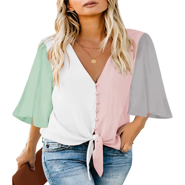 CHUANK Women‘s Button Down V Neck Tops Ruffled 3/4 Sleeve Tie Knot Front Blouses White Sizes S-2XL