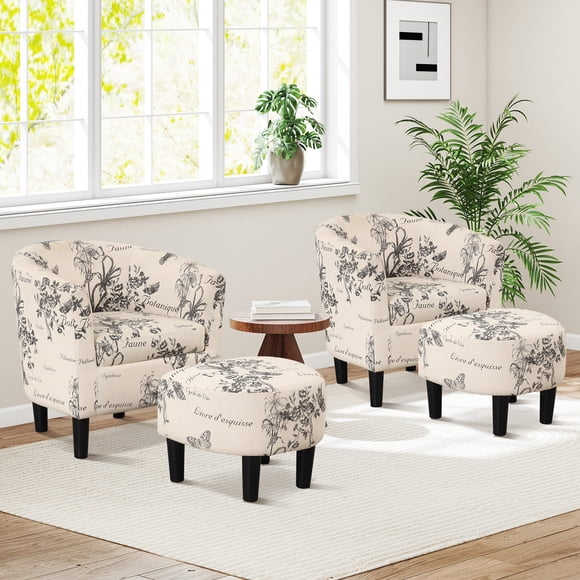 Bonzy Home 2 PCS Accent Chair with Ottoman, Barrel Club Chair with Footrest & Curved Backrest, Fabric Armchair with Upholstered Foam Seat for Living Room, Bedroom, Reading, Beige with Flower Pattern