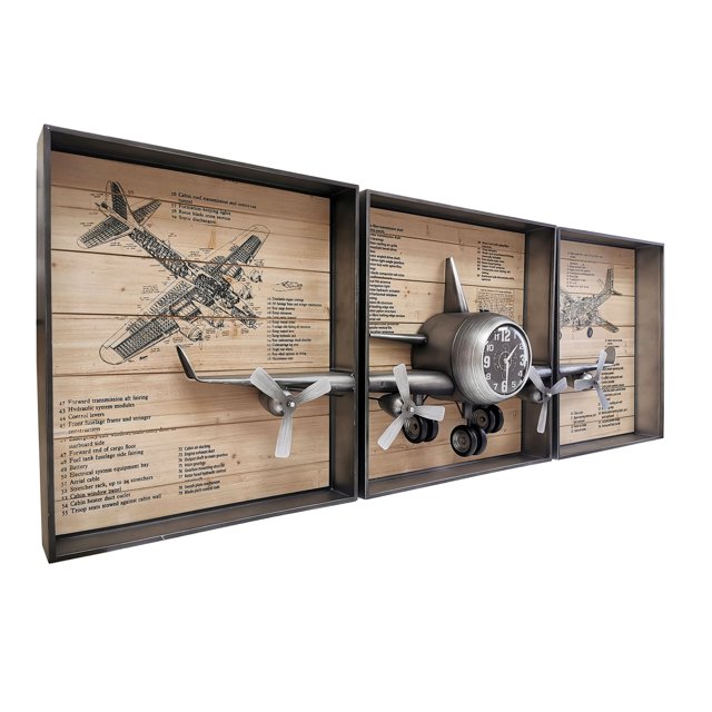 Metallic Vintage Airplane Wall Art with Clock, Set of 3