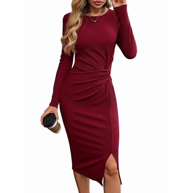 Robe Moulante à Manches Longues pour Femme, devant Torsadé, Fente, Sortie, Midi, Rouge Vin, m