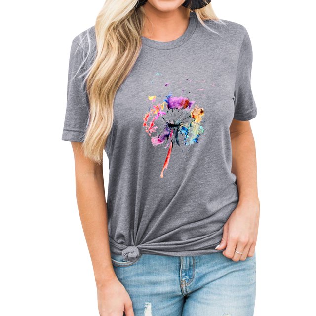 Mon T-Shirt Uni à Manches Courtes pour Femmes avec Imprimé Coloré de Pissenlit et Col Rond