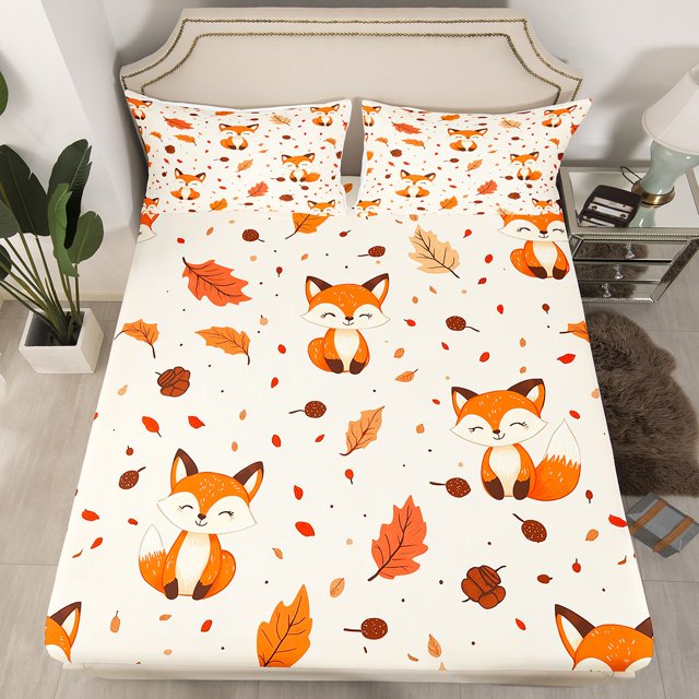 YST Ensemble de Literie Récolte d'Automne Format Simple, Draps de Lit Animaux Fox Mignons Feuilles d'Érable Drap-Housse Joyeux Action de Grâce Ensemble de Lit pour Enfants Garçons Filles avec 1 Taie d'Oreiller