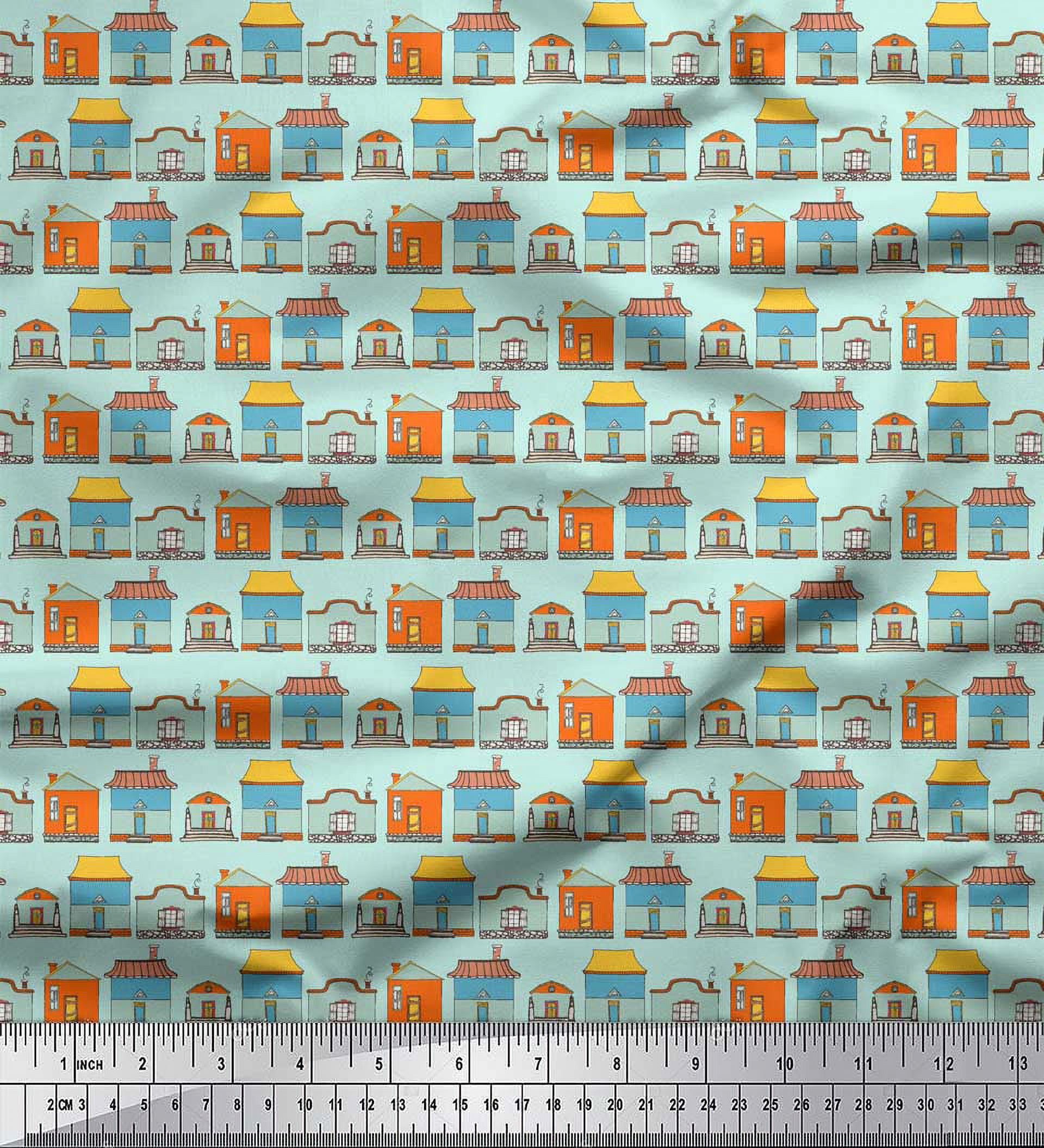 Soimoi Green polyester Crepe Fabric House Architectural Printed Fabric 1 Yard 42 Inch Wide