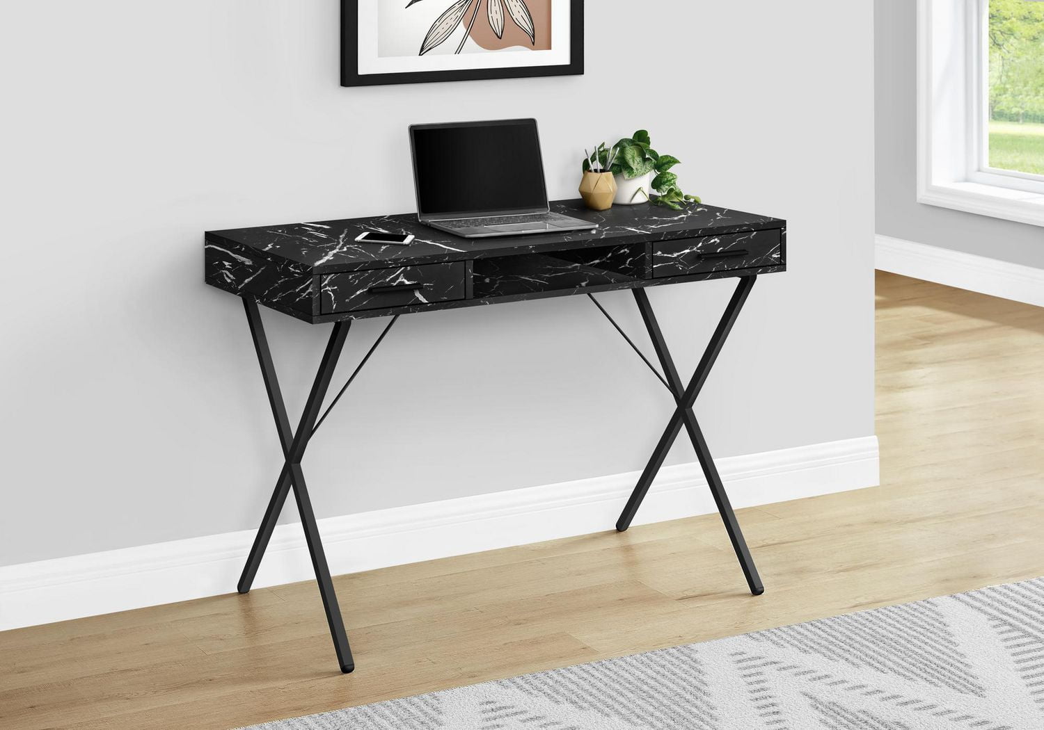 Monarch Specialties Bureau, Bureau À Domicile, Ordinateur Portable, Configuration Gauche, Droite, Tiroirs De Rangement, 42"l, Travail, Métal, Stratifié, D'aspect Marbre Noir, Contemporain, Moderne