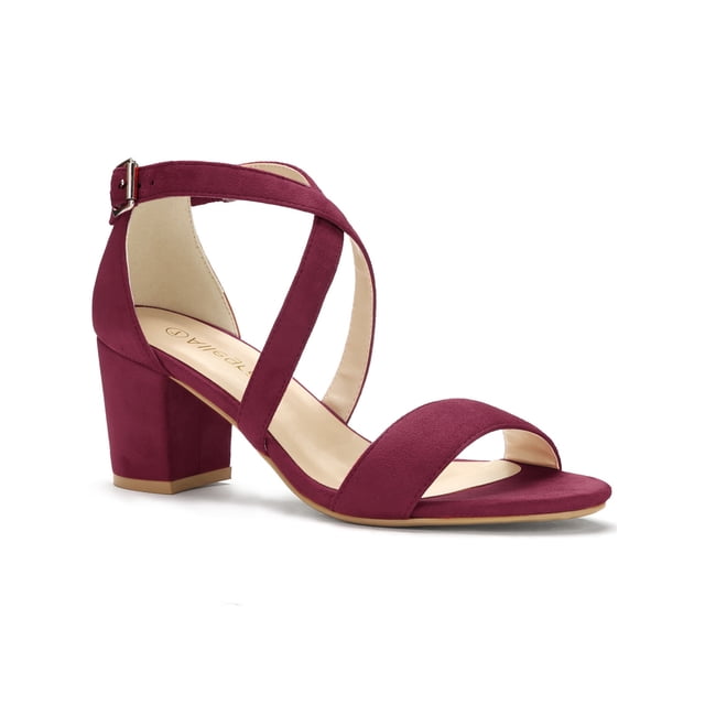 BLISSFUL STEP Women's Solid Color Open Toe Cross Strap Mid Chunky Heel Sandals