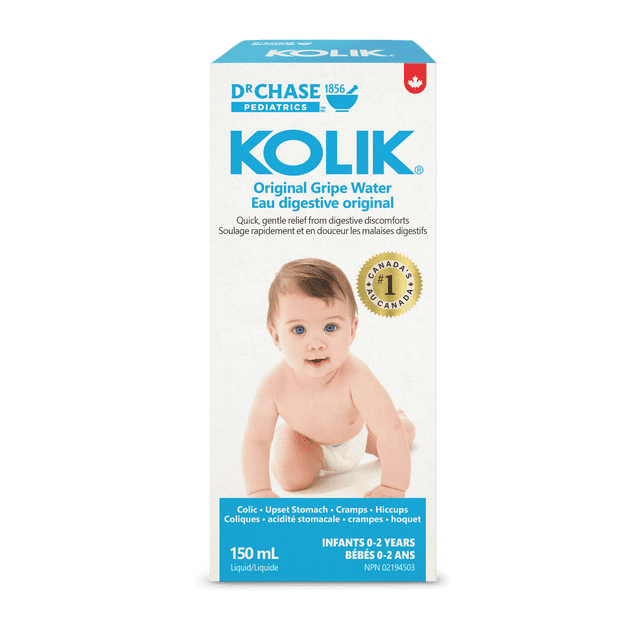 Kolik Original Gripe Water packaging with a crawling baby in a diaper, formulated for infants 0-2 years to relieve colic, upset stomach, cramps, and hiccups, featuring bilingual English and French text and a 150 mL liquid volume.