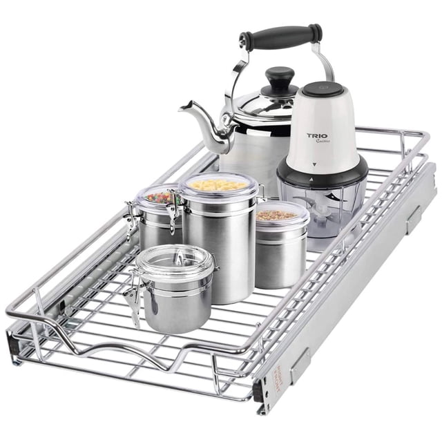 HS-PULL OUTS CP HoldN' Storage pull out cabinet organizer, front-facing view of an 11"W x 21"D low-profile sliding shelf with heavy wire frame and ball-bearing rails, fully extended from a wood-finish lower kitchen cabinet showing included mounting hardware, designed for cans, jars and cleaning supplies and often used to organize pots and pans.
