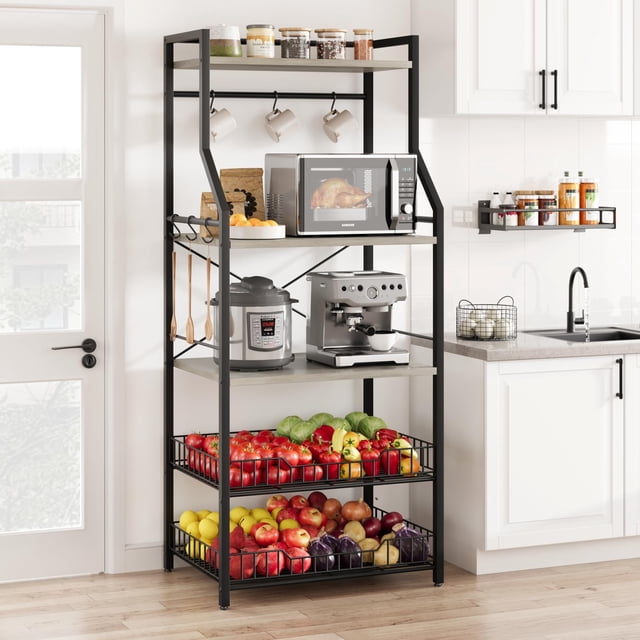 Bakers Rack, Farmhouse Microwave Oven Stand with 2 Large Metal Wire Basket, 5 Tier Utility Storage Shelf with 8 Hooks