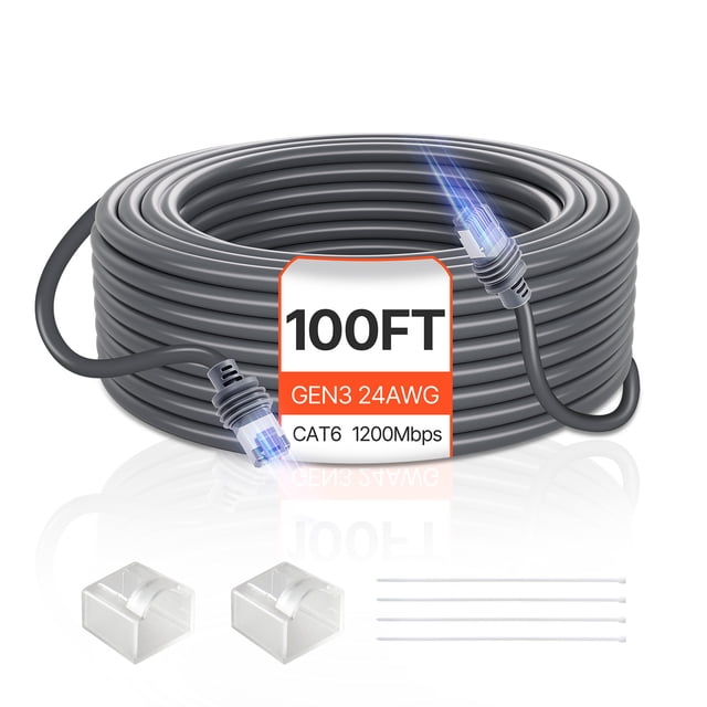 VEVOR Starlink Gen 3 Cable 100 FT Extension Cable for Standard Generation 3, featuring a durable PVC jacket and 24 AWG copper core. This CAT6 cable supports up to 1200 Mbps high-speed transmission and includes 8P8C connectors for plug-and-play compatibility with Starlink rectangular satellite V3. The package includes pre-installed zip ties and dust protection covers for easy installation. Suitable for outdoor use in extreme temperatures ranging from -4℉ to 167℉, ideal for RVs, rooftops, camping, and backyard setups.
