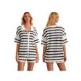 thumbnail image 3 of FOCUSNORM Women Pajamas Set 2 Pieces Loungewear Suits Stripe Contrast Color Button Crochet Knit Tops and Shorts Lounge Sets, 3 of 9