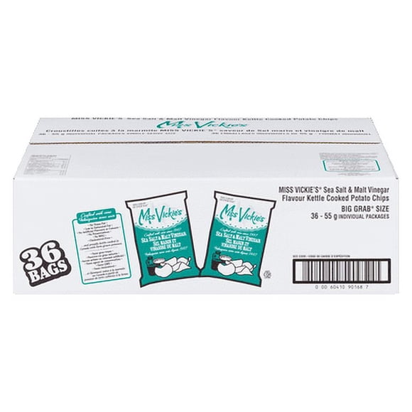 Miss Vickie's Sea Salt & Malt Vinegar Kettle Cooked Potato Chips, 55 g (1.9 oz) Individual Bags, 36-Count Bulk Foodservice Case