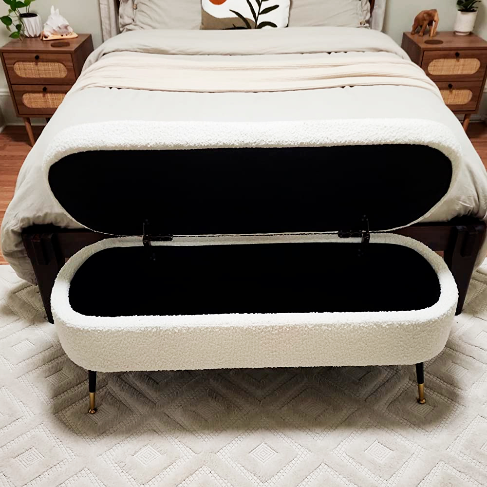 Heavenly Collection | Banc de rangement - Ottoman moderne bouclé avec rangement dissimulé et pieds en métal doré