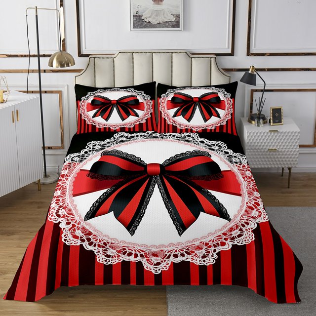Erosebridal Lace Bow Coverlet Set King, Romantic Bowknot Bedding Set, Geometric Striped Decor 3-Piece