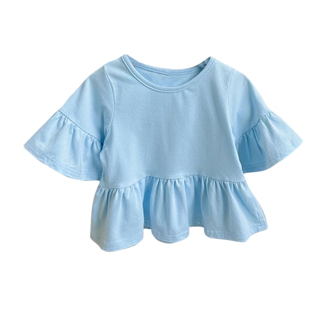 MeetoTime Kids T-shirt Casual Solid Color Ruffle Sleeve Round Neck Blouses for Baby Girls 2-8 Years